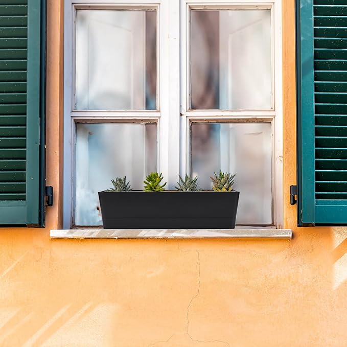 GREANER 3PCS 16x3.8 Inch Window Boxes Planters, Black Rectangle Planters Box with Drainage Holes and Trays, Herb Succulents Flowers Plastic Pot for Windowsill, Garden, Balcony, Indoor, Outdoor Decor