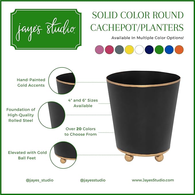 Jaye's Studio Mattie Black, Decorative Round Cachepot & Planter, Matte Black, Gold Trim & Finish, Hand-Painted, Handcrafted Metal, Luxury Indoor Planter, Size 4"