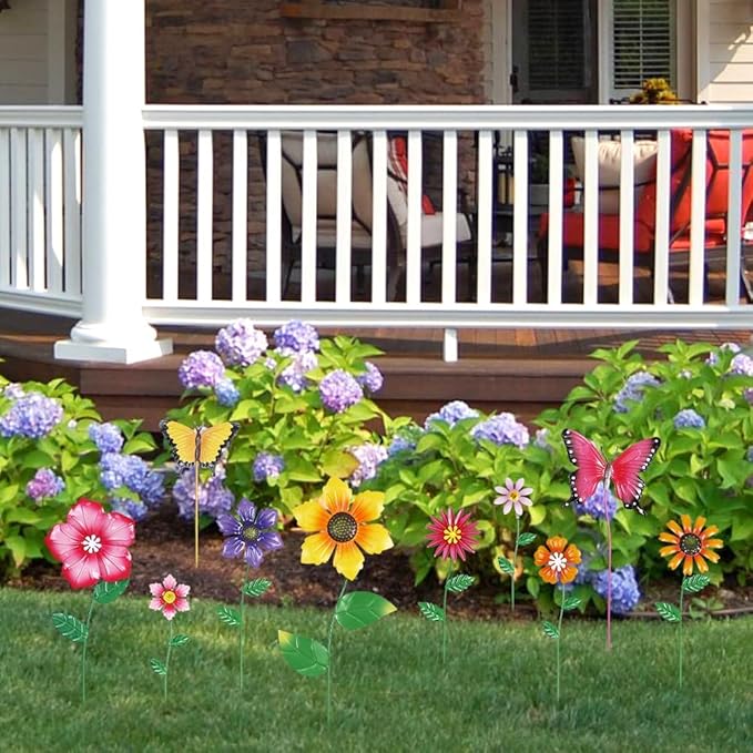 hogardeck Garden Decor for Outside, Set of 10 Metal Flowers Decorative Garden Stakes for Spring Decor, Yard Art Garden Decorations for Outdoor Lawn Porch Pathway (Multi-Color) (Color b)