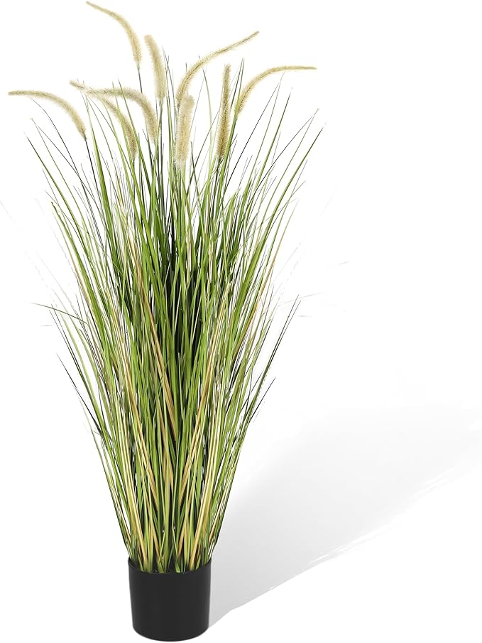KOL Artificial 4ft Horsetail Reed Grass, 47.2in Artificial Indoor Outdoor Fake Grass Plant, Home Office Wedding Decorative Artificial Plants & Flowers in Pot Faux Plant Greenery, Housewarming Gift