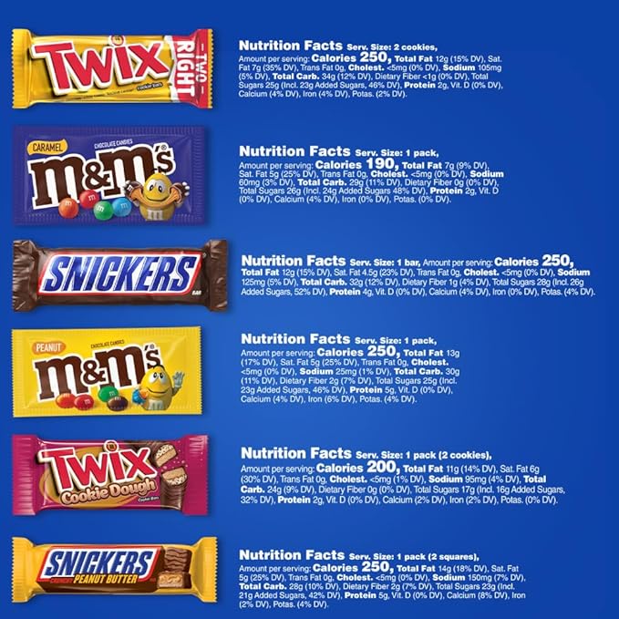 MARS M&M'S Peanut, M&M'S Caramel,SNICKERS Original,SNICKERS Peanut Butter Squared, TWIX Original and Cookie Dough Variety Pack Full Size Individually Wrapped Milk Chocolate Candy Bars,18 Ct