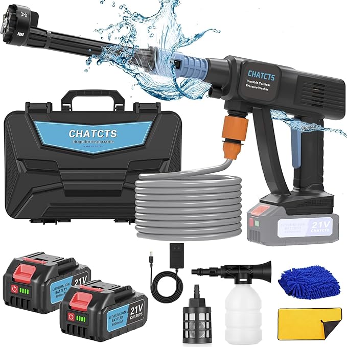 Portable Cordless Pressure Washer, 980PSI Cordless Car Pressure Washer with 2 Batteries, 6 in 1 Nozzle, 5 Meter Hose, for Watering, Cleaning, Car Washing, Floor Washing