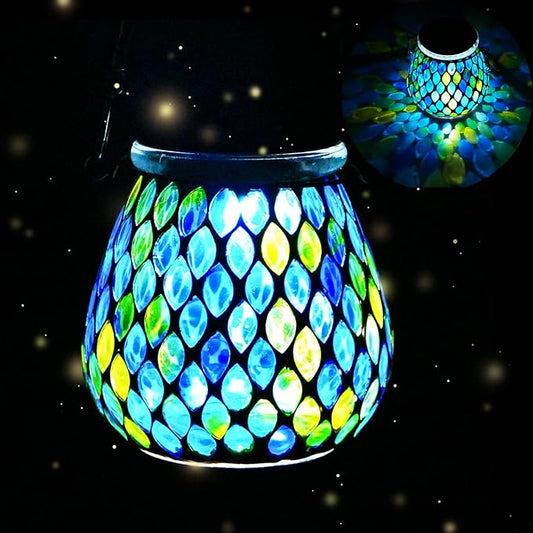 Mosaic Blue Solar Lanterns, Outdoor Glass Hanging Lights, Waterproof, Solar Table Lamps, Christmas Gifts for Women Mom Grandma, Night Lights, Decoration for Garden, Patio, Yard, Party, Outdoor Decor