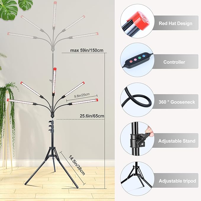 FECiDA Gamechanger! 45W 5Head Tripod Stand Tall Plant Light, 2025 Grow Lights for Indoor Plants with Stand for Bonsai Tree, Big Plants, Full Spectrum Growing Lamp 4,8,12 Hr Timer