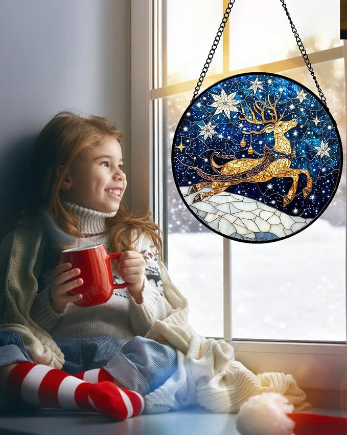 HWRHTR Stained Glass Window Hanging - Reindeer Blue Starry Sky Suncatcher for Doors Home Christmas Decoration Winter Sun Catcher Thanksgiving New Year Birthday Gifts for Women Men Mom Nana 11.8 in