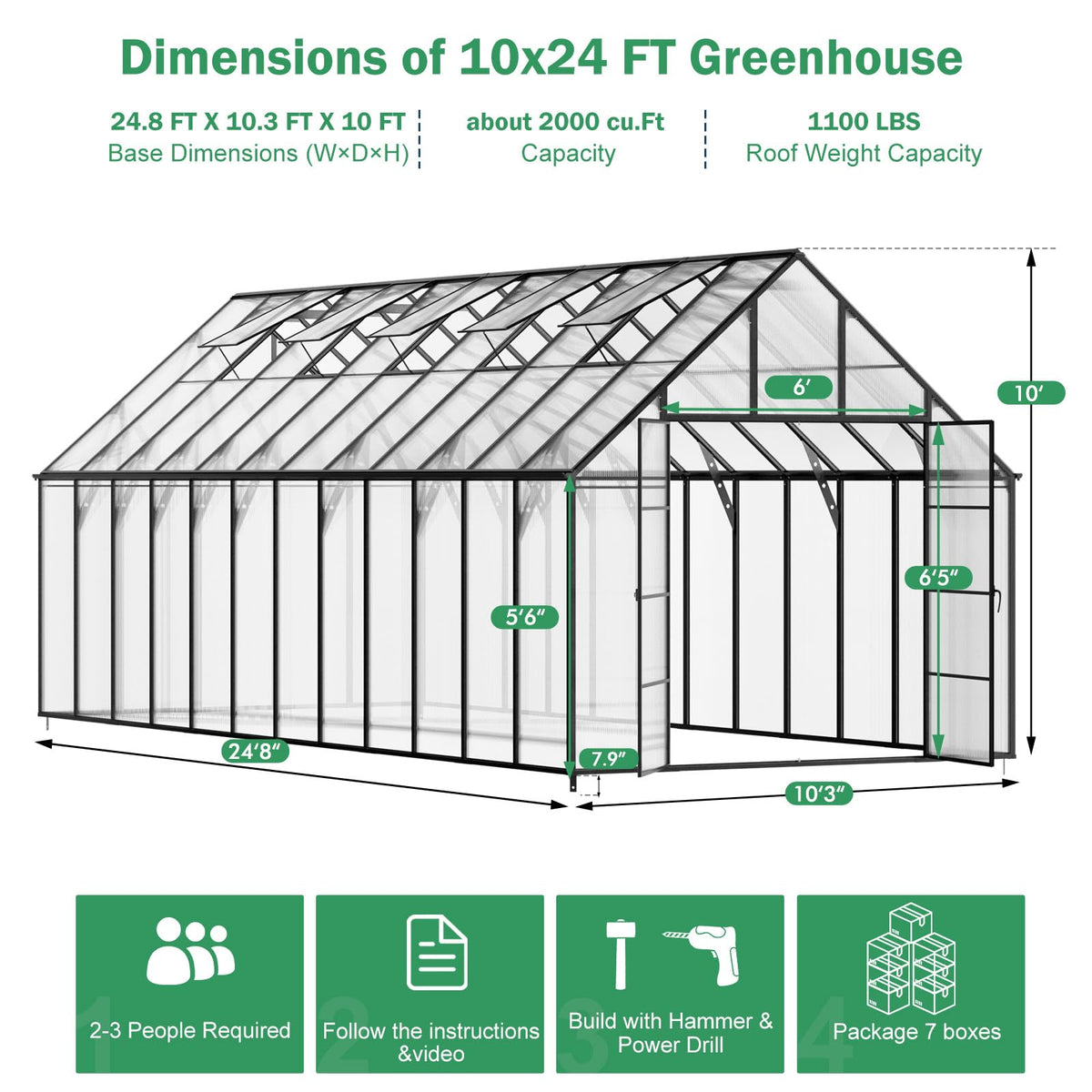 10x24 FT Polycarbonate Greenhouse Large Heavy Duty Aluminum Frame