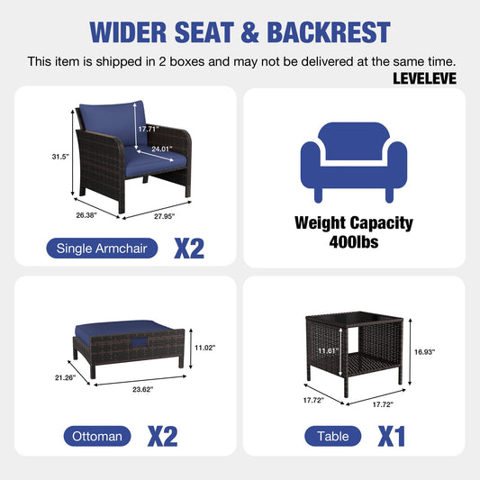 LEVELEVE Patio Conversation Set 5 Piece, Balcony Furniture Outdoor PE Rattan Wicker Lounge Chairs with Soft Cushions, 2 Ottomans & Glass Table for Porch Lawn, Brown (Blue Cushions