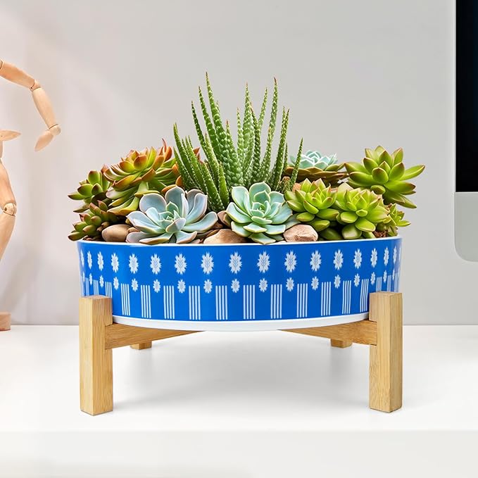 ARTKETTY Succulent Pots - 11 Inch Large Plant Pots Ceramic Bonsai Pots with Drainage Stand, Shallow Succulent Planters for Indoor Plants Decorative Flower Cactus Planter Bowl