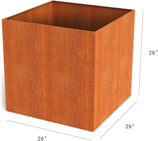 DIY CARTEL Corten Steel Cube Outdoor Planter Box, Rustic & Modern Farmhouse Design, Large Raised Metal Garden Bed for Commercial & Residential Use