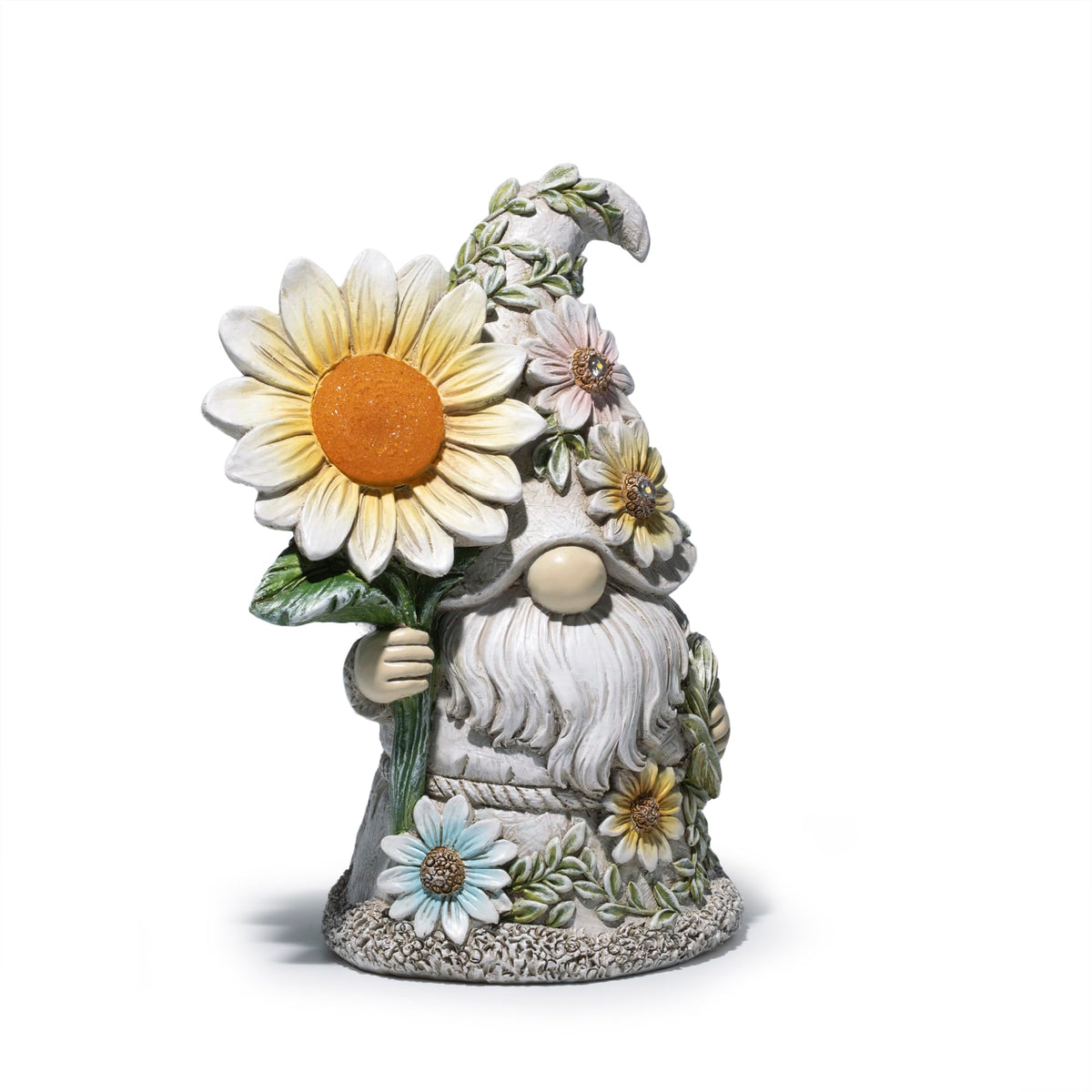 basen Solar Garden Gnome Statue with Glowing Daisy Flower, Outdoor Solar Gnome Figurine Decor for Yard Lawn Patio, Resin Garden Gnome Decoration with LED Light for Garden Landscape Ornament