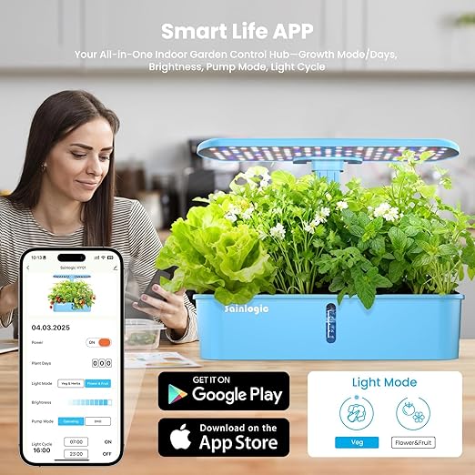 Sainlogic Hydroponics Growing System Kit, 12 Pods Watering Planter, Smart Indoor Garden with APP & WiFi Connected, 5 X Growth with 24W LED, Quiet Pump, for Vegetables, Herbs and Flowers