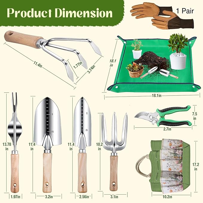 Garden Tools 9-Piece Heavy Duty Gardening Hand Tools with Floral Organizer Tote Bag, Rust-Proof Garden Tool Set, Thickened Repotting Mat, Gardening Gifts for Women Mom, Green