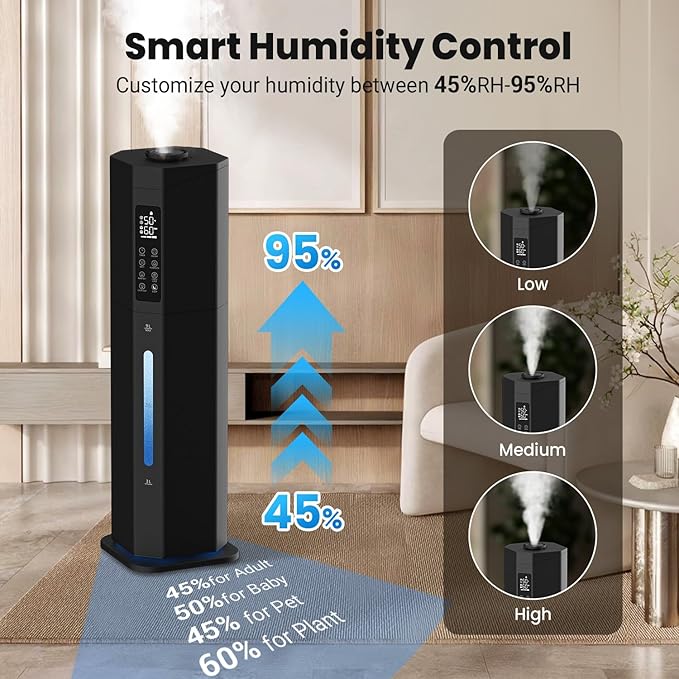Humidifiers for Bedroom - GloryAir 2.38Gal/9L Top Fill Warm & Cool Mist Humidifier for Large Room 750ft² with Auto Mode 7-Color Light, Humidistat, Quiet Humidifier for Plants Baby Adults Home & Office