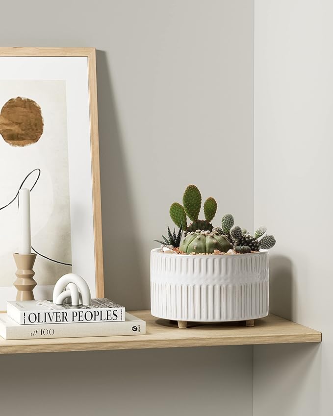 LE TAUCI Succulent Planters, 6.5+8 Inch Ceramic Indoor Plant Pot with Drainage Hole, Shallow Round Succulent Pots, Set of 2, Reactive Glaze White
