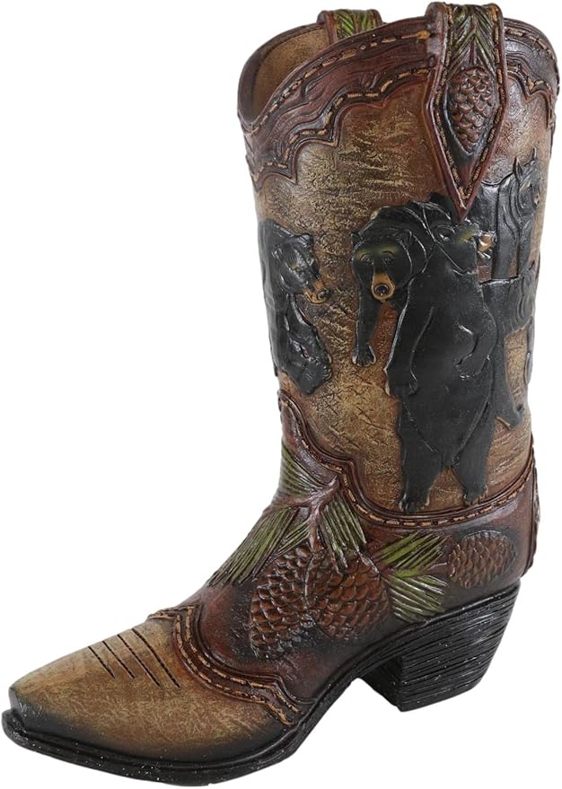 Ebros Gift Rustic Western Black Bear Family with Pine Cones Forest Cowboy Cowgirl Boot Decorative Figurine Or Floral Vase Planter Tooled Leather Finish Table Shelf Countertop Accent