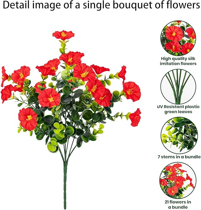 Artificial Outdoor Flowers 16 Bundles Fake Morning Glory Flower Outdoor UV Resistant Plastic Faux Flowers Plants for Decoration Indoor Outdoor Hanging Window Box Planter Home Porch Decor (Red)