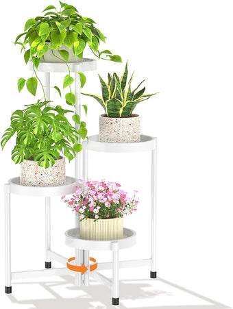 LASZOLA 4 Tiered Folding Plant Stand Indoor for Multiple Large Planter, Tall Heavy Duty Adjustable Rack with Rust Proof Plastic Shelving, Sturdy Vertical Tree Organizer for Narrow Inside Floor, White