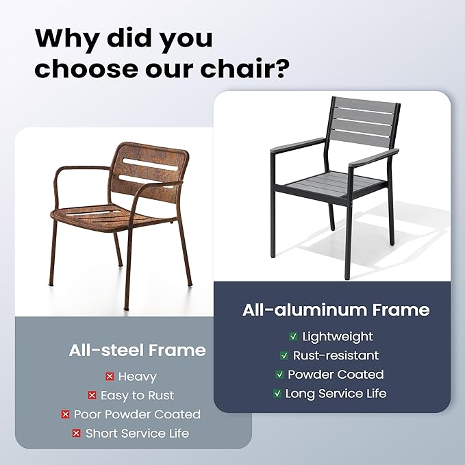 Pellebant Stackable Outdoor Dining Chairs Set of 6, Aluminum Patio Chairs with Arms, All-Weather for Garden, Lawn, Deck, Porch and Yard, Gray