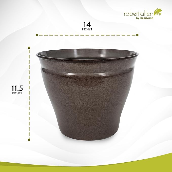 Headwind Glazed Ironstone Avery Collection Decorative Plant Pot – 14" Pebblewood Brown Glazed Decorative Pot – Lightweight & Durable Flower Pots for Indoor Plants - Outdoor Planter by Robert Allen