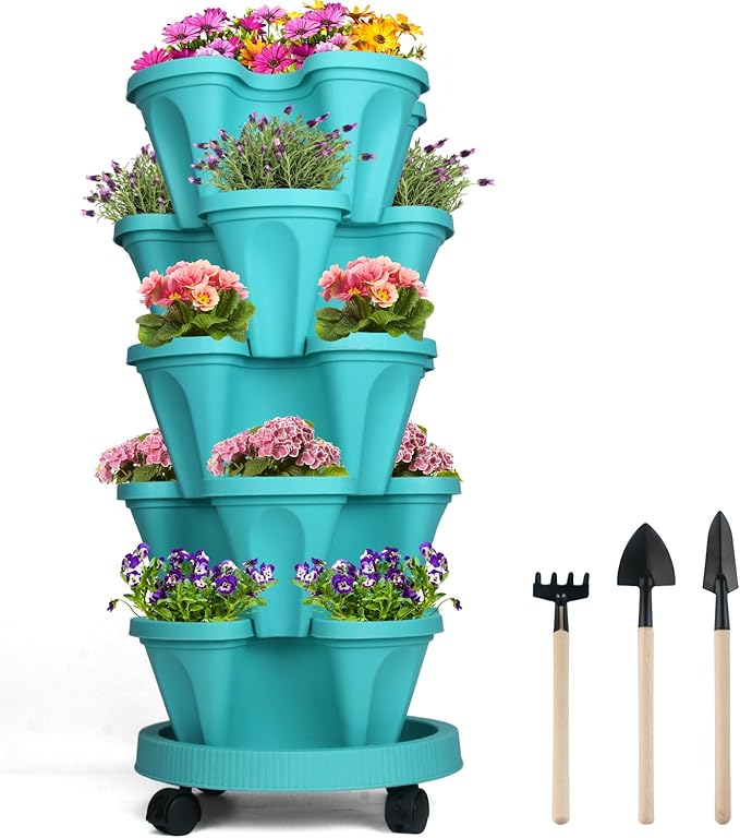 DUNCHATY Stackable Vertical Garden Planter with Wheels, 5 Tier Herb Planter Pots for Growing Vegetables and Succulents, Teal