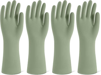Rubber Cleaning Gloves for Dishwashing, 4 Pairs Reusable Kitchen Gloves for Washing Dishes and Household Cleaning, Green Dish Gloves with Flocked Lining and Non-Slip Grip, Pefect for Woman Men - L
