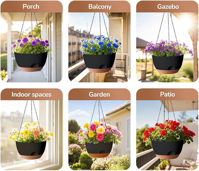 LESOASIS Hanging Planter for Indoor Plants, 10 Inch Self-Watering Hanging Planters with Drainage Holes and Chain, Set of 2 Outdoor Hanging Pots for Garden Home