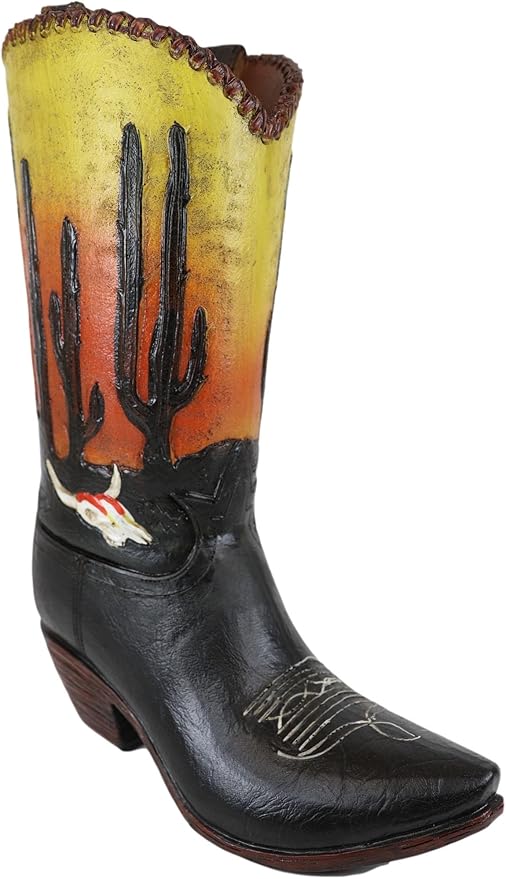 Ebros Gift Rustic Western Faux Tooled Leather Cowboy Cowgirl Boot with Sunrise Dawn Desert Cactus and Cow Skull Decorative Figurine Or Floral Vase Planter Table Countertop Accent