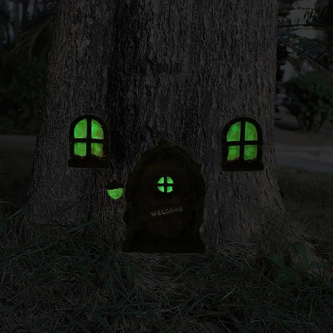 Fairy Door and Windows Garden Kit Accessories Outdoor, Glow in Dark Gnome House for Tree, Lawn Yard Art Sculpture, Miniature Garden Decor (Gnome)