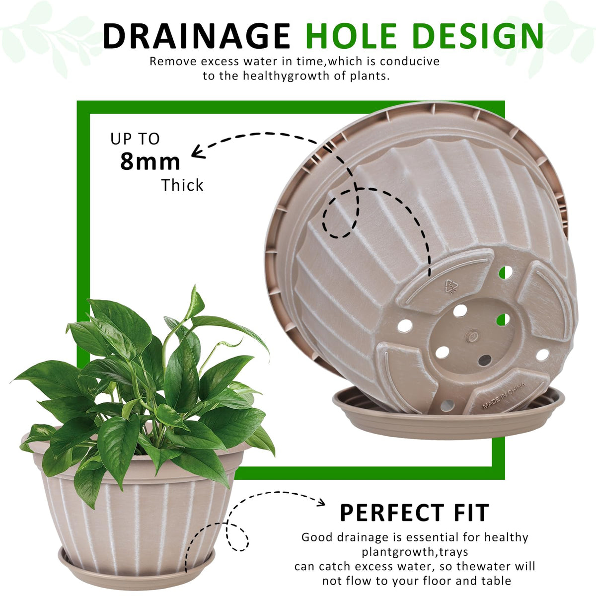 4 Pack Flower Pots,8 Inch Plants Pot,Planters Pot with Drainage Hole