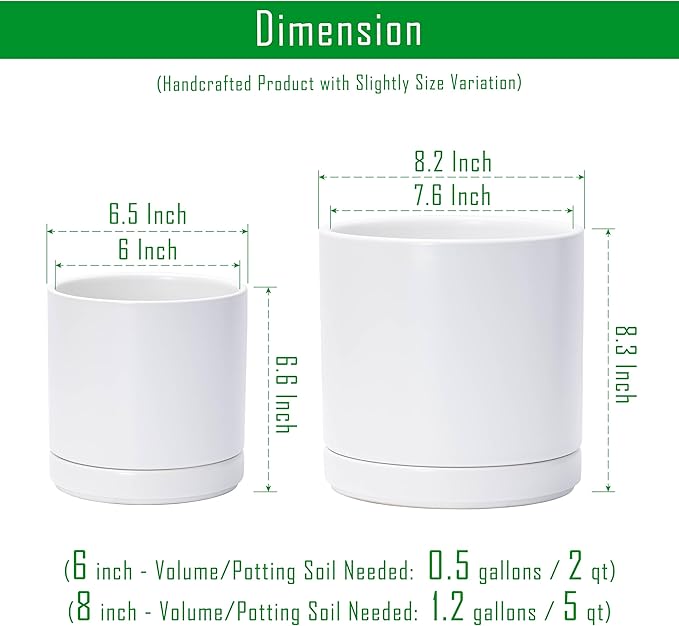 D'vine Dev 6.5 Inch & 8.2 Inch Ceramic Planter Pots for Plants with Drainage Hole and Saucer, Medium Plant Pots Set, White, 94-G-M-1
