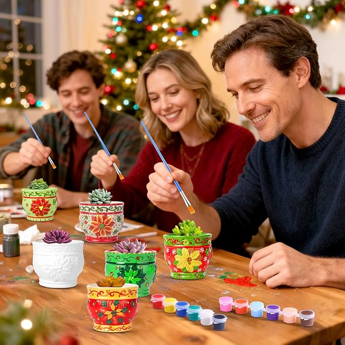 Pasimy 6 Set Ceramics to Paint DIY Ceramic Succulent Planter Pots Paint Your Own Flower Pots Craft Kit Unpainted Bisque Flowerpot with Brush Palette for Family Activity Holiday Gifts(Holly Leaf)