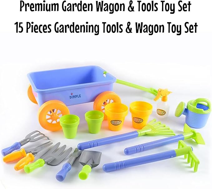 Dimple Garden Wagon & Tools Toy Set Premium 15 Pcs Kids Gardening Tools & Wagon Toy Set - Sturdy & Durable - Top Yd, Beach, Sand, Garden Play Set for Kids & Toddlers