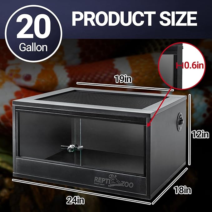 REPTI ZOO 20 Gallon PVC Reptile Terrarium, 24x18x12 inch Reptile Tank for Crested Gecko Leopard Gecko Snake Turtle Hermit Crab, Thermal Insulation Moisturizing