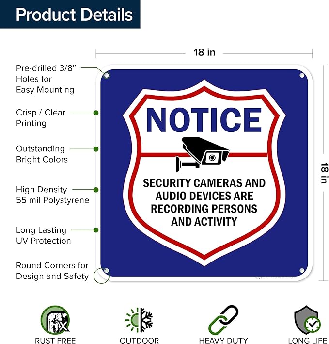 Notice Security Cameras And Audio Devices Are Recording Persons And Activity Sign, 18x18 Inches, 55 mil thick HDPS (high density polystyrene), Made in USA by My Sign Center