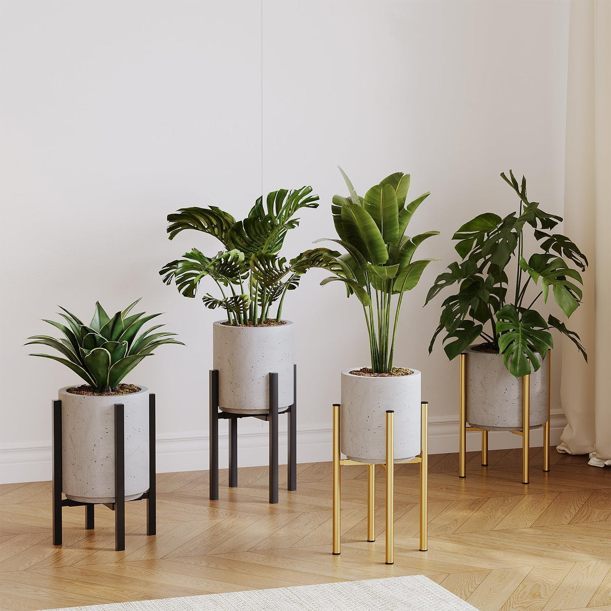 Rioneta Adjustable Metal Plant Stand Indoor, Fits 9-15 Inch Pots, Mid Century Modern Planter Holder,2 Heights, Heavy Duty 160 lb, Indoor Outdoor Corner Floor Pot Stand, Black with Round Plate 2 Pack (black-a 2 pack)