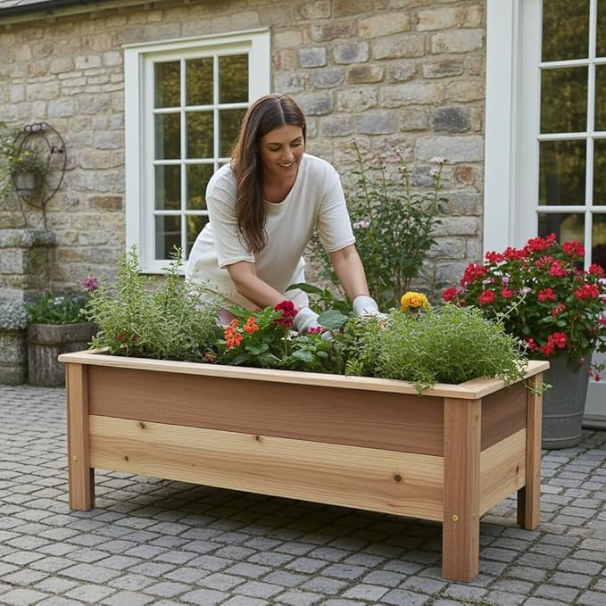Cedar Raised Garden Bed Planter Box with Legs – Heavy Duty Outdoor Wooden Planter for Vegetables & Flowers, No Bending Elevated Design, Custom Size, Handmade in USA (60in x 15.5in x 16in)