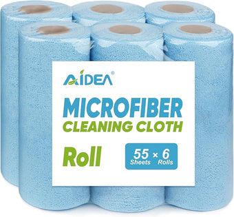 AIDEA Microfiber Cleaning Cloth, Shop Towels 330 Sheets 6 Roll, Microfiber Towels for Cars, Blue Shop Rags Washable, Cleaning Rags Reusable Paper Towels for Automotive, Workshops, House,11×9"