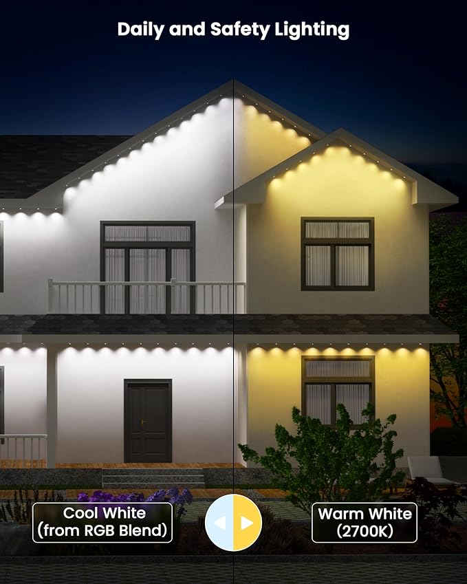 Gefolly Permanent Outdoor Lights Pro, 150ft with 90 RGBW Double-LED Lights 111 Scene Modes for Daily, Halloween, Christmas, IP67 Waterproof for Outdoor Decor, Works with Alexa, Google Assistant, White