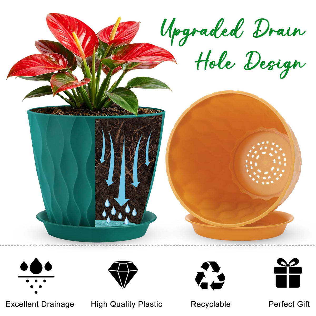 YNNICO 8 inch Plant Pots, 4 Pack Flower Pots Outdoor Indoor, Planters with Drainage Hole and Tray Saucer-Multicolor