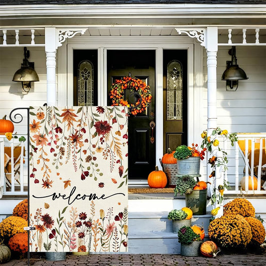 Baccessor Fall Welcome Garden Flag 12.5x18 Inch Double Sided,Autumn Burnt Orange Floral Flowers Harvest Outside Outdoor Seasonal Burlap Small Flags Rustic Home Patio Front Yard Lawn Decoration