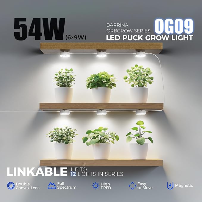 Barrina Orbgrow OG09 Puck Grow Light, 5000K 54W(6 x 9W, 810 Watt Equiv), Full Spectrum Plant Light for Indoor Plants, Magnetic & Linkable with Timer, 5 Levels Dimmable for Plant Shelf, 6 Packs
