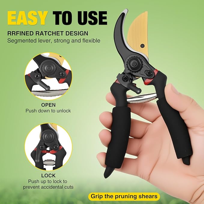 Yesker Pruning Shears for Gardening 8" Professional Bypass Garden Scissors Yard Clippers with Sharp Carbon Steel Blade Heavy Duty Hand Pruners for Branch Flower Plant Trimming Cutting Gardening Tools