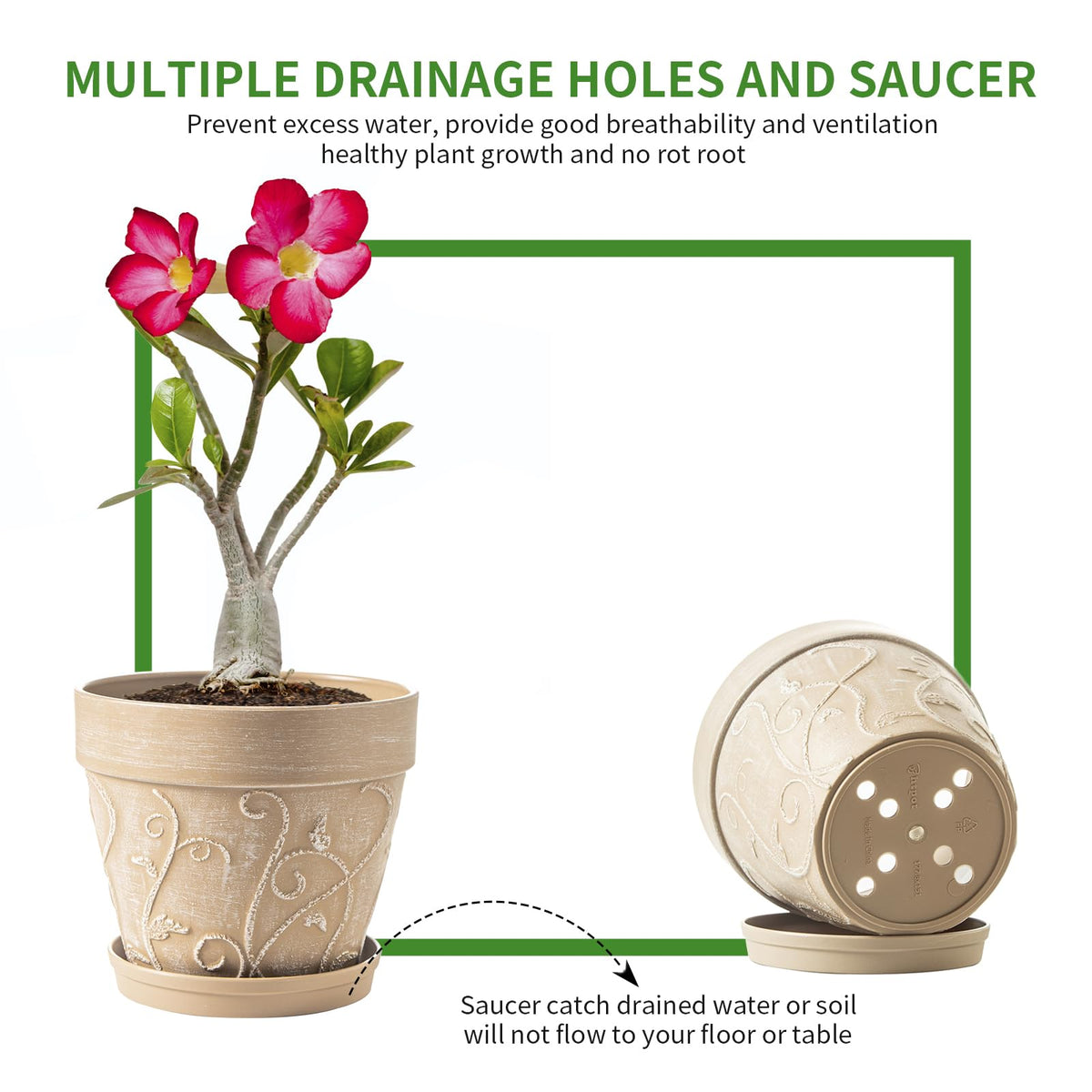 Melphoe Plant Pots Indoor with Drainage & Saucer, 2Pack 7/8 inch Flower Pots Outdoor Planters for Indoor Plants Garden Home Decor Cactus Succulent, Rigid Plastic (Imitation-Terracotta) Vine-Embossed