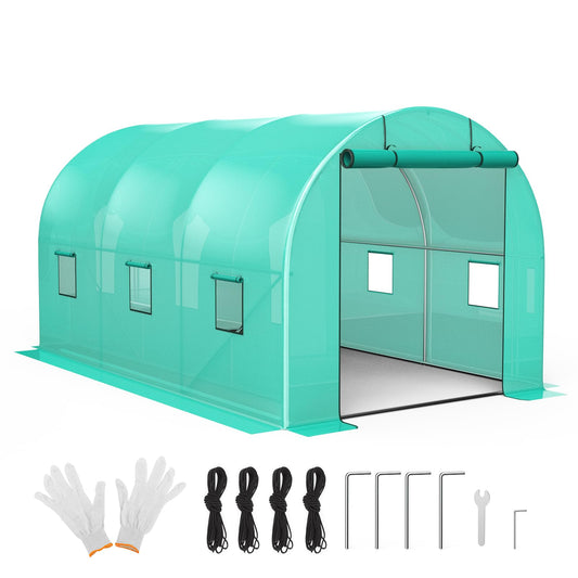 ChicCoutured 13x8x7 ft Walk-in Tunnel Greenhouse with Galvanized Steel Frame & 6 Mesh Windows, Weather-Resistant Outdoor Plant Hot House for Vegetables, Green PE Cover & Roll-Up Zipper Door