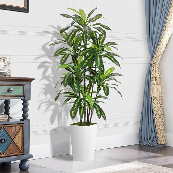 Artificial Dracaena Plant 6FT - Fake Tree with White Tall Planter - Faux Yucca Tall Fake Floor Plant in Pot - Artificial Trees for Home Office Living Room Decor Indoor