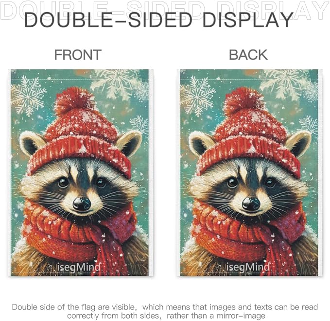 Raccoon with Red Scarf and Hat Snowflake Christmas Garden Flag, 28x40 Inch Double Sided Linen Holiday Red Winter Farmhouse Yard Outdoor Decoration (4326)