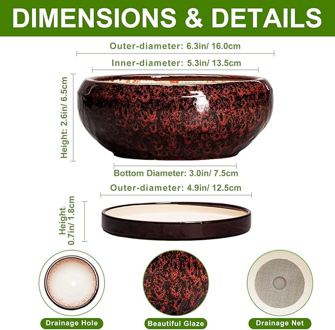 EPFamily Succulent Planters 6 Inch - Ceramic Bonsai Pots with Drainage Hole and Saucer, Small Bonsai Planter, Round Planter Bowl, Shallow Plant Pots Indoor, Room Decor, Gifts for Plant Lovers, Red