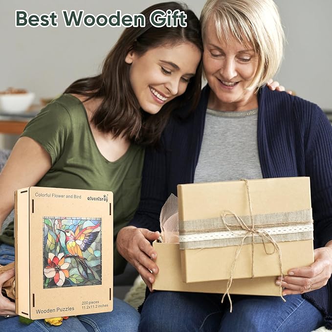 Qiuenisray Wooden Puzzles for Adults 500 Piece, Stained Glass Hummingbird Puzzle, FSC Certified Wall Decor Unique Animal Shape Puzzles, for Family Friend 15.9x15.9 in