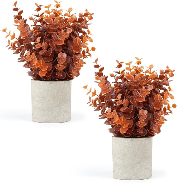 Velener 2 PCS Small Fake Eucalyptus Plant Artificial Potted Plants Indoor for Desk, Shelf, Home Decor Realistic Faux Plant for Office, Bathroom, Living Room Decoration (Fall Orange)