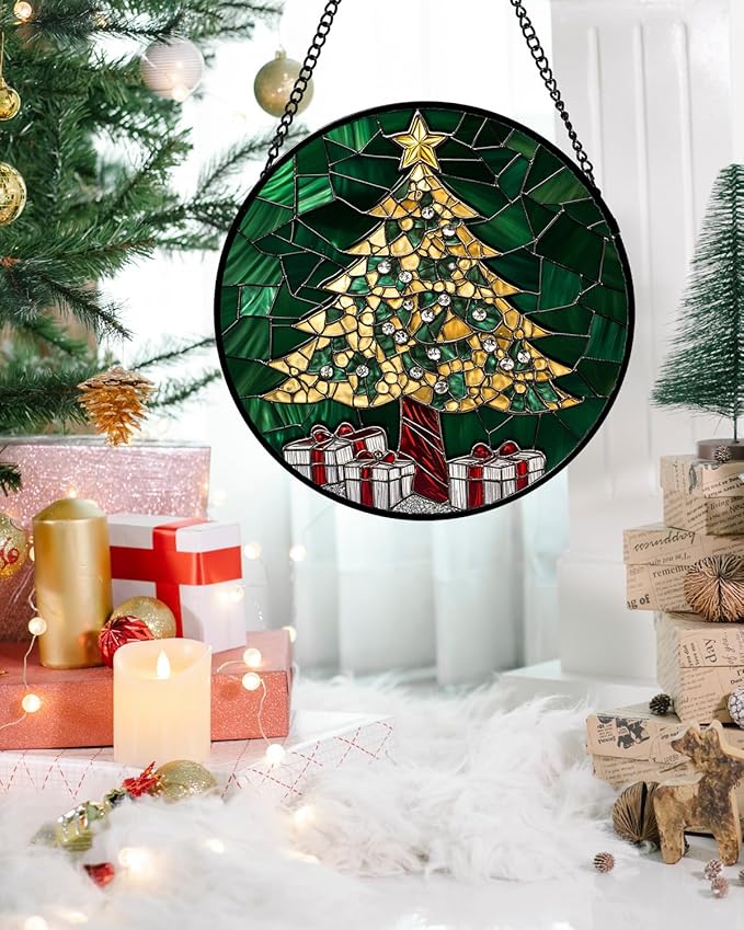 HWRHTR Stained Glass Window Hanging - Gold Green Christmas Tree Suncatcher for Doors Home Christmas Decoration Winter Sun Catcher Thanksgiving New Year Birthday Gifts for Women Men Mom Nana 7.8 in